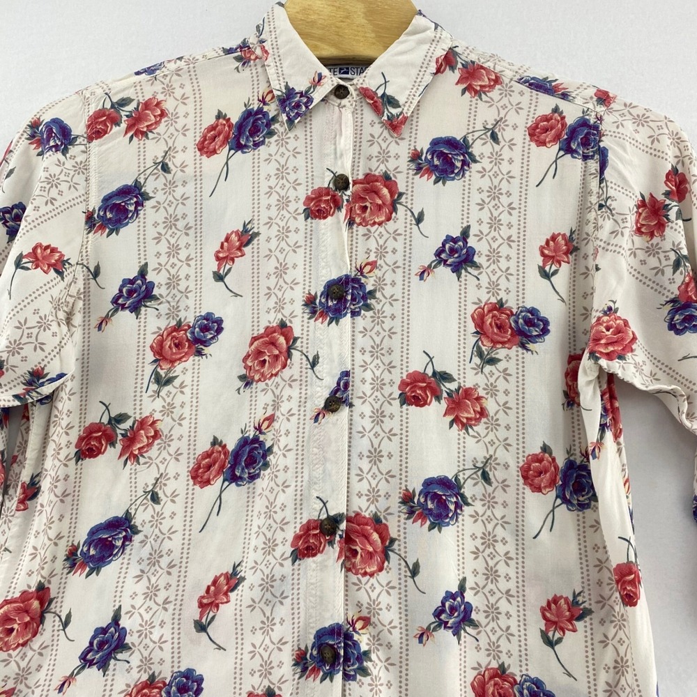 White Stag Cream Floral Button-Down Shirt with Red and Purple Roses
